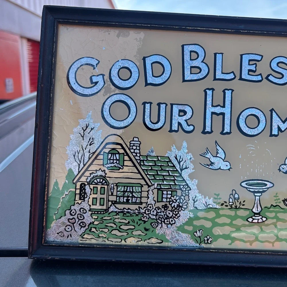 Vintage God Bless Our Home Reverse Painted Glass Foil Sign Sacred Heart Jesus